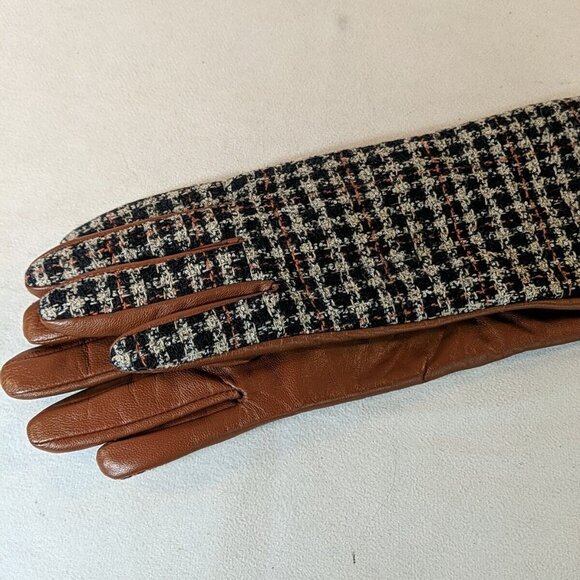Kenneth Cole Leather Wool Gloves Brown Plaid Tweed Black Women's M Medium Lined - Picture 9 of 10